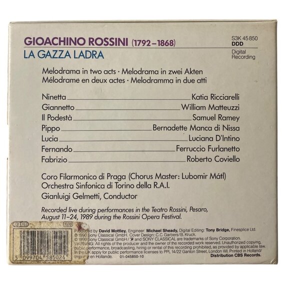 Rossini La Gazza Ladra 2 CD Set Sony Classical Live Recording RAI Symphony Orche - Picture 3 of 3